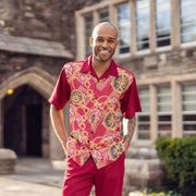 Burgundy Gold Chain Print Short Sleeve Walking Suit Set - Classic Fit