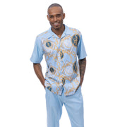 Lt Blue Gold Chain Print Short Sleeve Walking Suit Set - Classic Fit