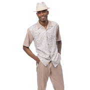 Men’s Floral Jacquard Walking Suit Set in Beige - 2 Piece Classic Fit