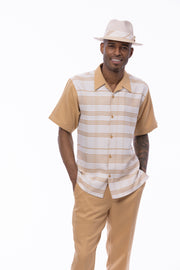 Montique Men's Beige 2-Piece Geometric Short Sleeve Walking Suit