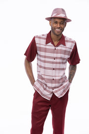 Montique Men's Burgundy 2-Piece Geometric Short Sleeve Walking Suit