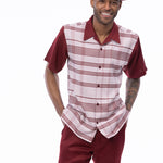 Tucana Collection: Montique Men’s Burgundy Geometric Checkered Walking Suit