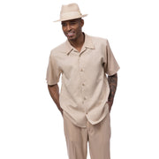Montique Beige 2-Piece Tonal Check Walking Suit Short Sleeve