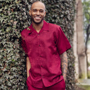 Montique Burgundy 2-Piece Tonal Check Walking Suit Short Sleeve