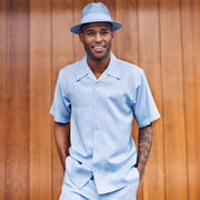 Montique 2 Piece Short Sleeve Walking Suit with Tonal Wave Pattern - Carolina