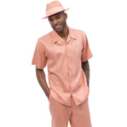 Montique 2 Piece Short Sleeve Walking Suit with Tonal Wave Pattern - Peach
