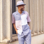 Tuppis Collection: Montique's Men’s Gunmetal and Mauve Color Block Walking Suit