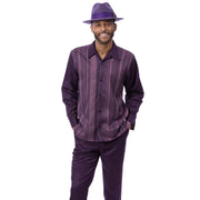 Men's Long Sleeve 2-Piece Vertical Stripe Walking Suit - Grape