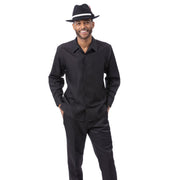 Black Tone-on-Tone Wave Texture Long Sleeve 2-Piece Walking Suit
