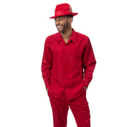 Red Tone-on-Tone Wave Texture Long Sleeve 2-Piece Walking Suit