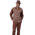 Cynos Collection: Montique Men’s Brown Checkerboard Jacquard Pattern Long Sleeve 2-Piece Walking Suit Set
