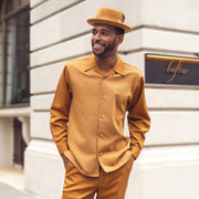 Mustard Diamond Lattice Jacquard Long Sleeve 2-Piece Walking Suit by Montique