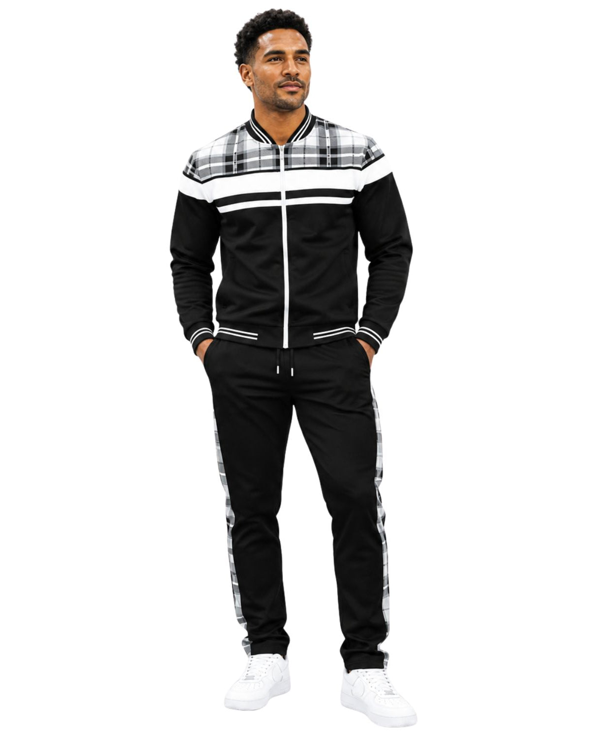 Stacy Adams 2587 black plaid trimmed 2-piece warmup track set