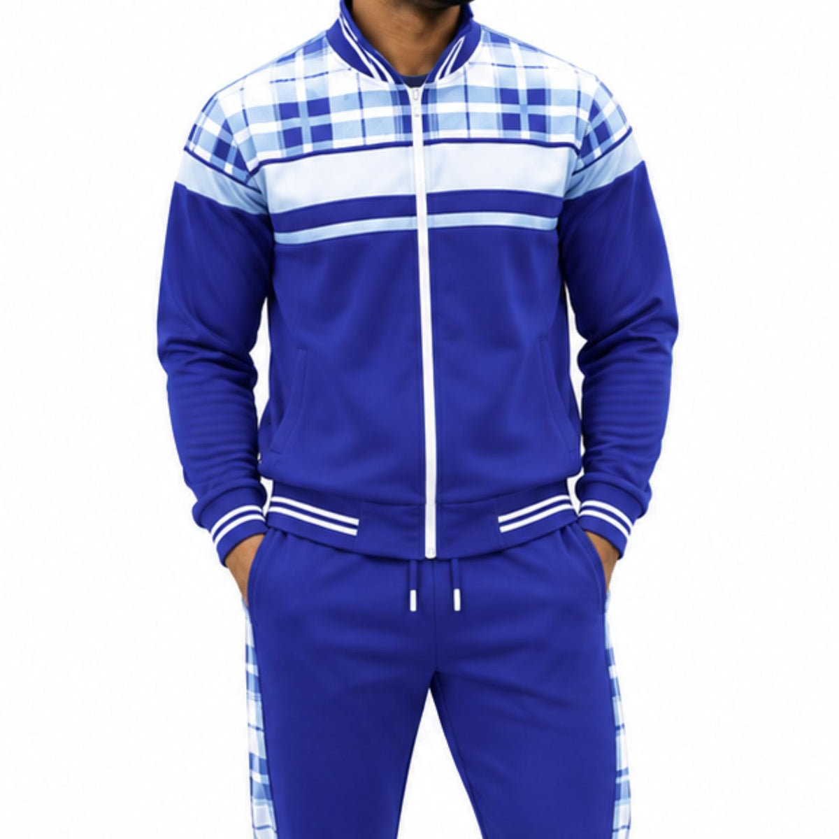 Stacy Adams 2587 blue plaid trimmed 2-piece warmup track set - detail view