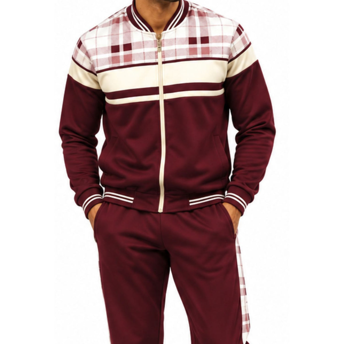 Stacy Adams 2587 burgundy plaid trimmed 2-piece warmup track set - detail view