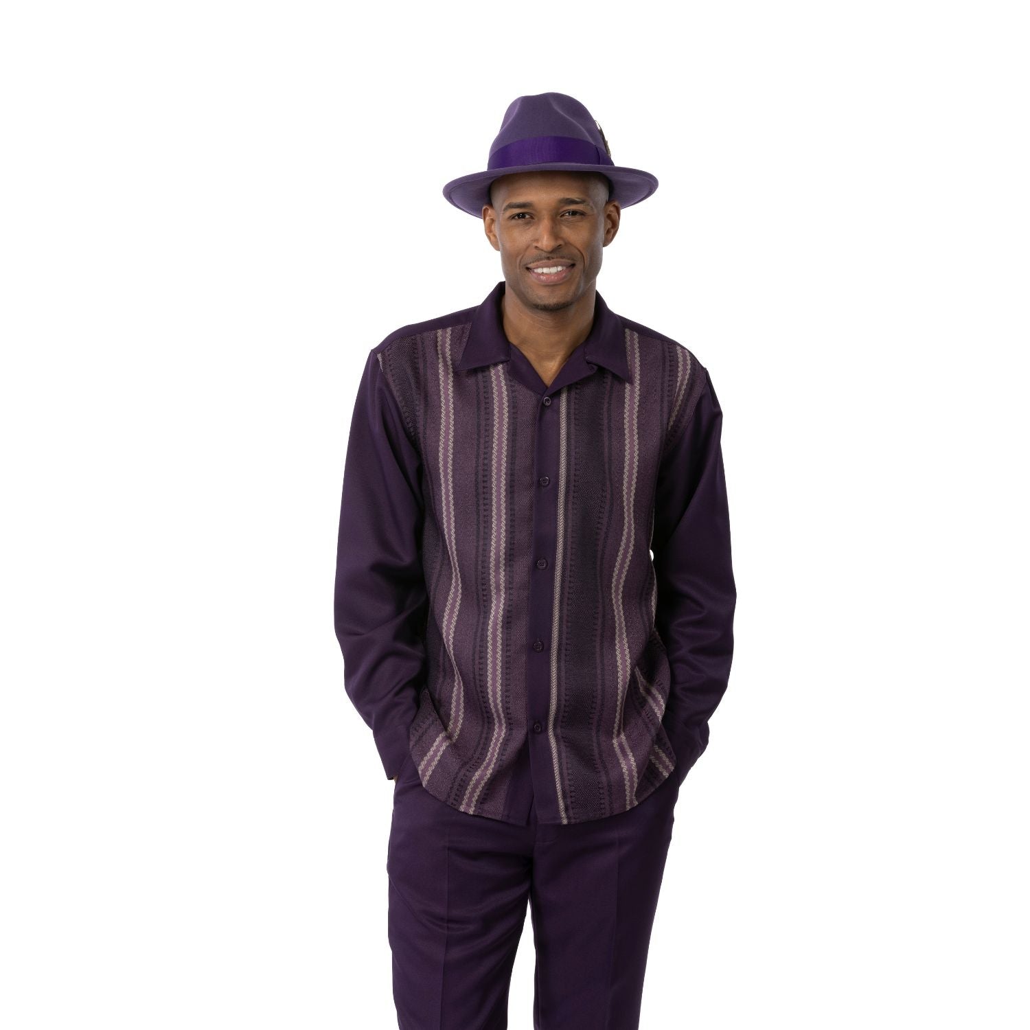 Plum vertical stripe long sleeve 2-piece walking suit by Montique front view