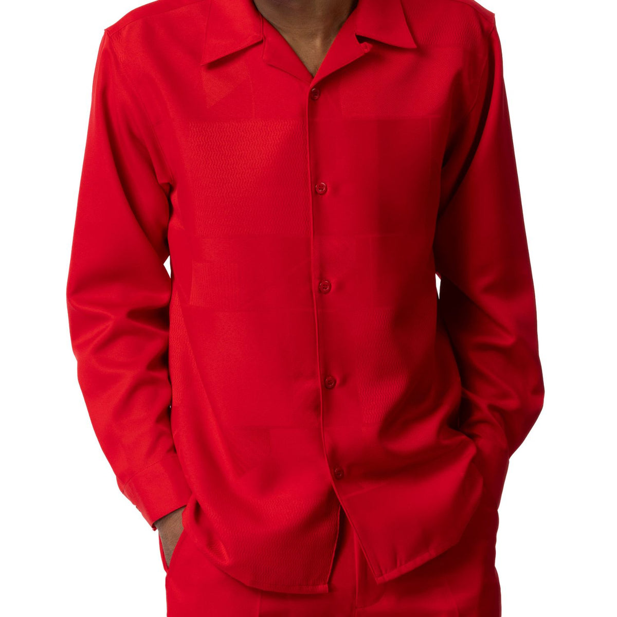 Red Montique long sleeve walking suit with tonal patchwork shirt front detail