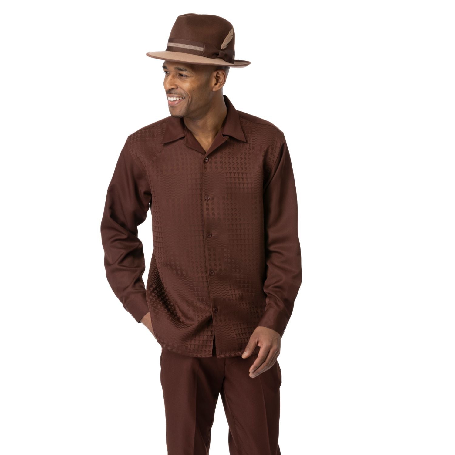 Brown tone-on-tone long sleeve 2-piece walking suit by Montique front view