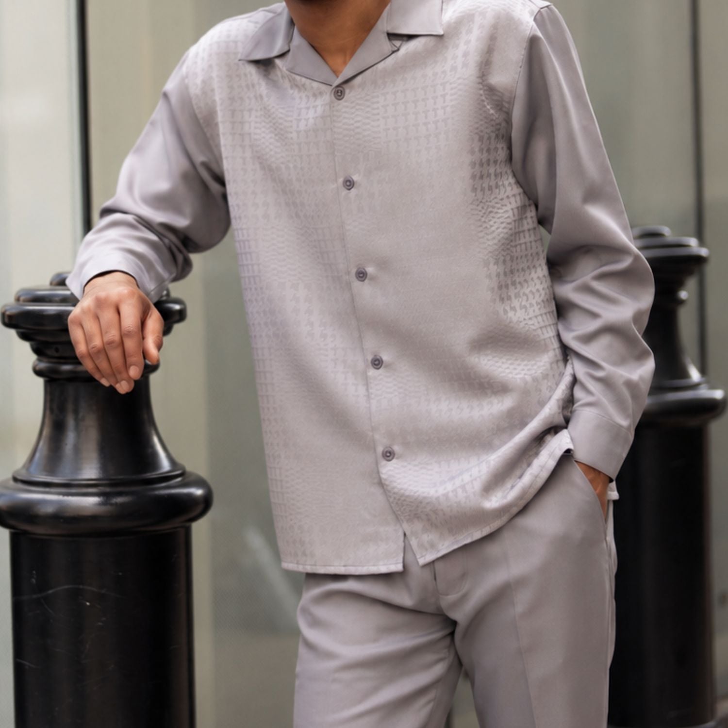Grey Montique long sleeve walking suit with tone-on-tone textured shirt front detail