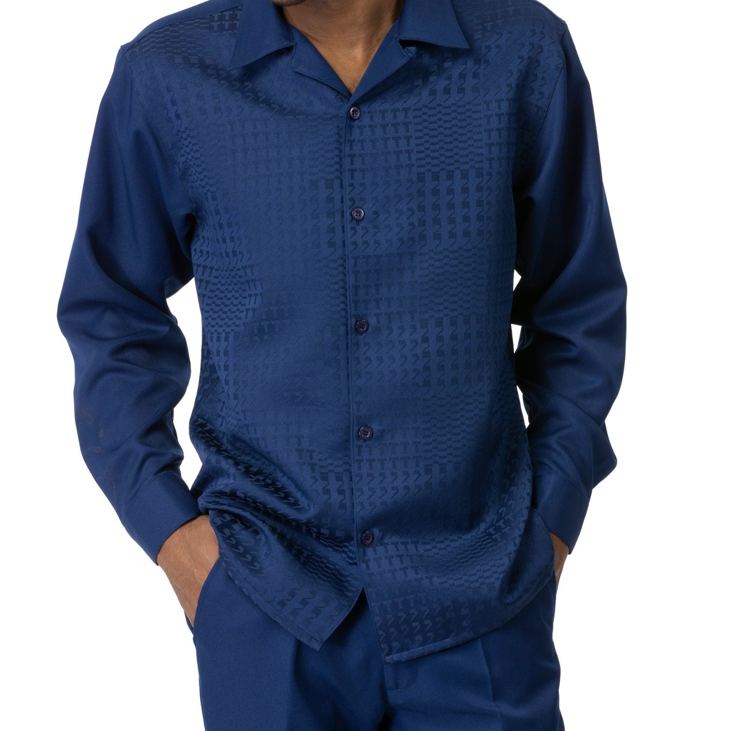 Navy Montique long sleeve walking suit with tone-on-tone textured shirt front detail