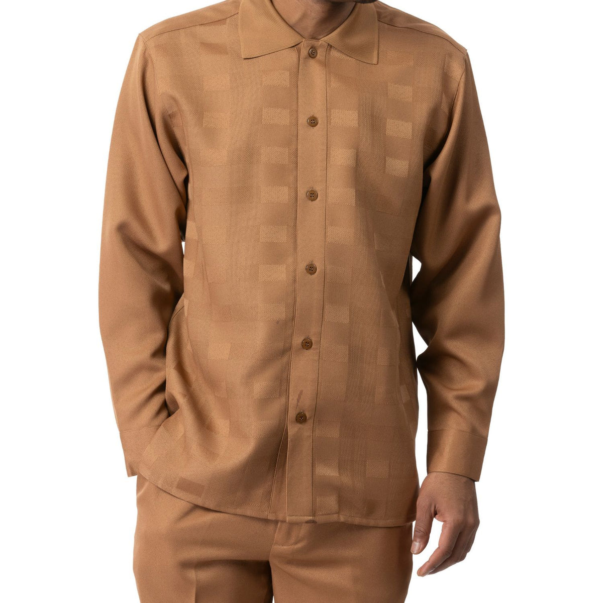 Close-up of camel tone-on-tone block pattern long sleeve walking suit by Montique