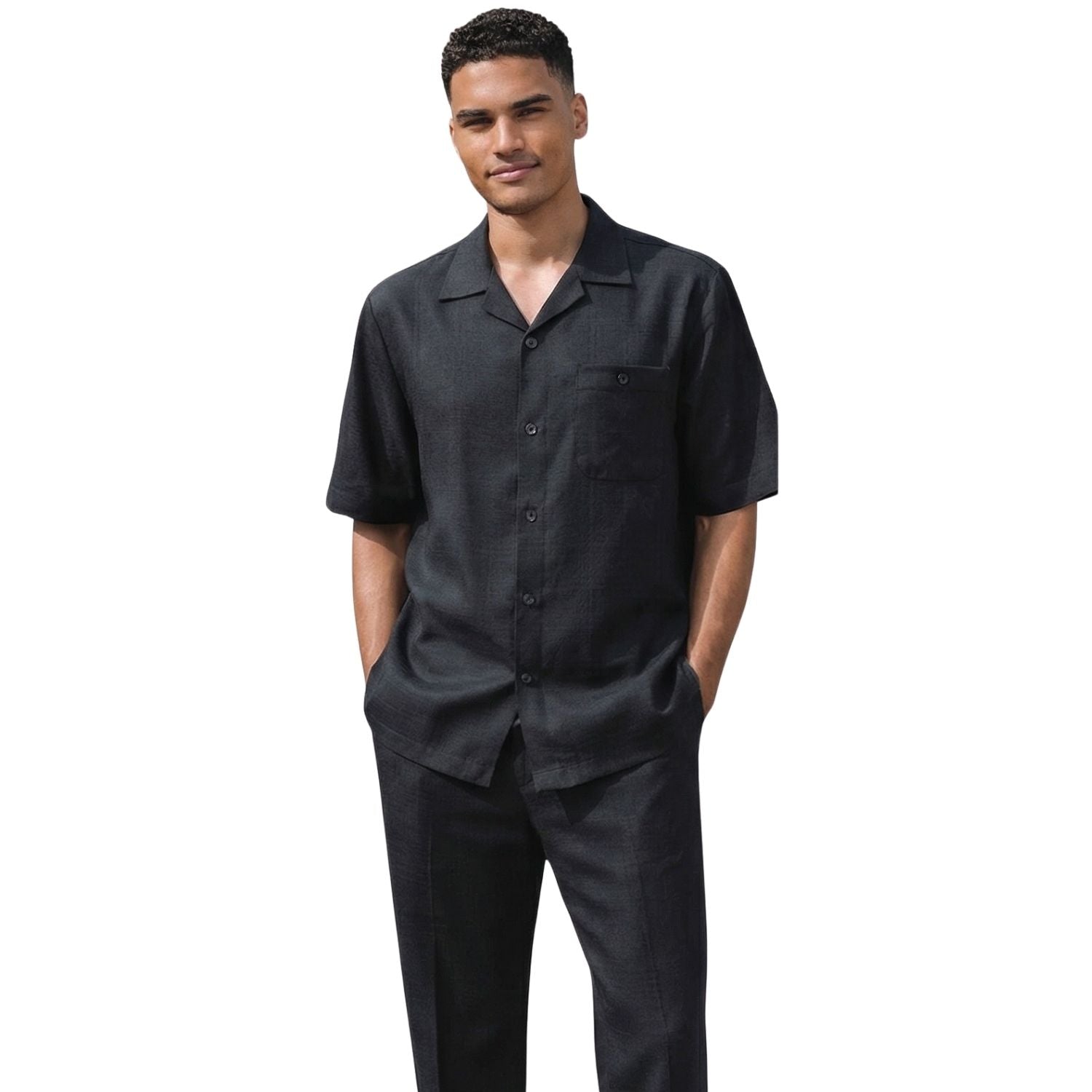 black solid jacquard linen 2-piece walking suit set by Stacy Adams front view