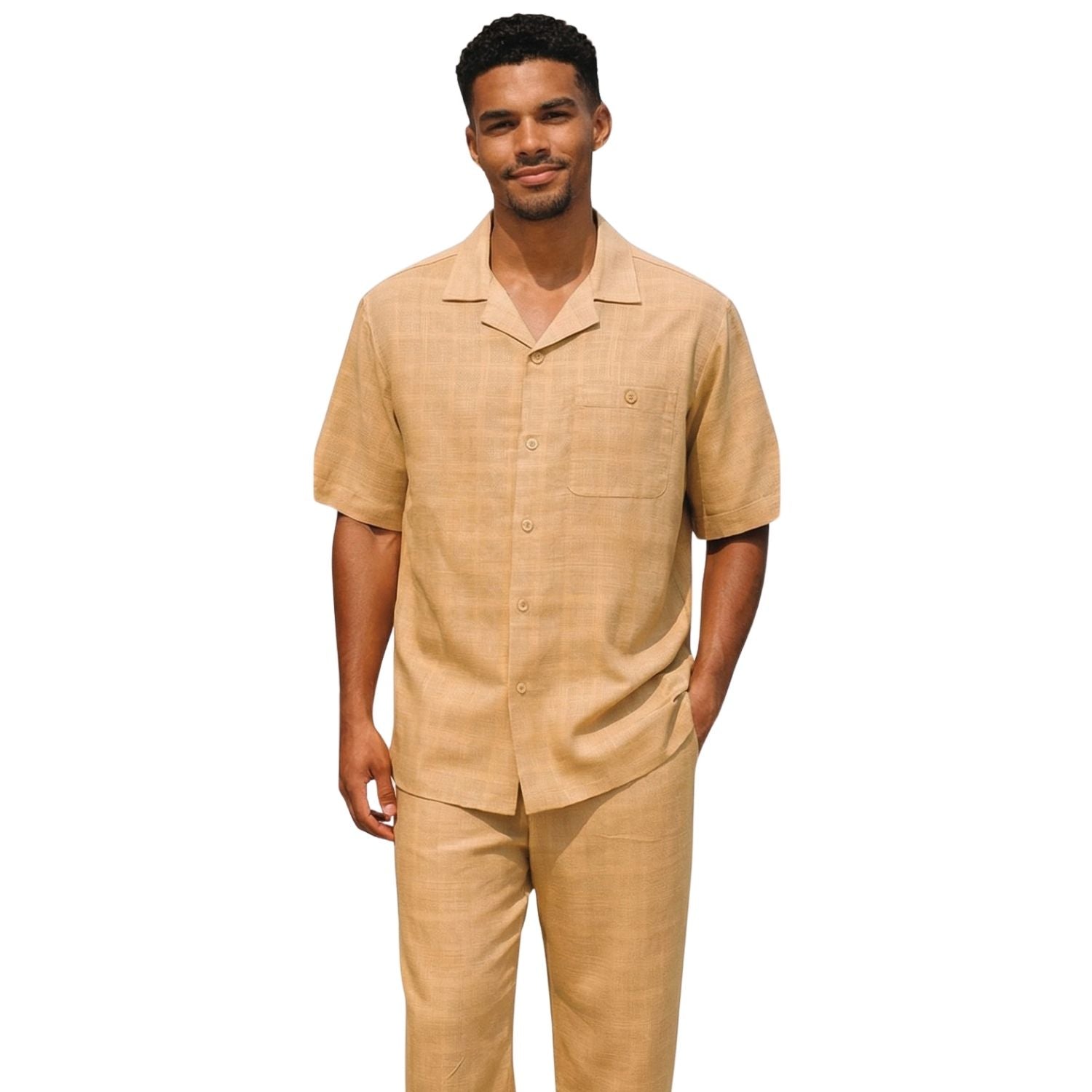 khaki solid jacquard linen 2-piece walking suit set by Stacy Adams front view
