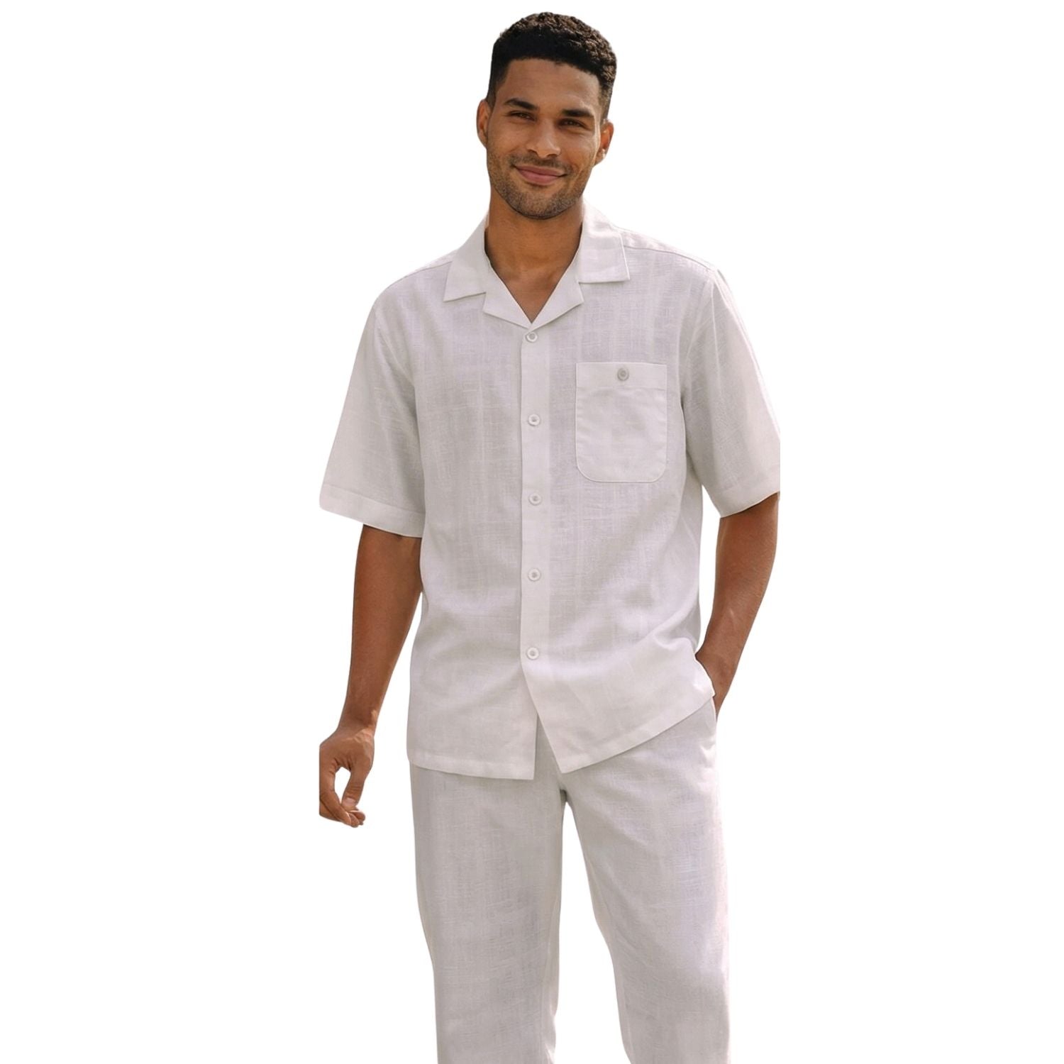 white solid jacquard linen 2-piece walking suit set by Stacy Adams front view