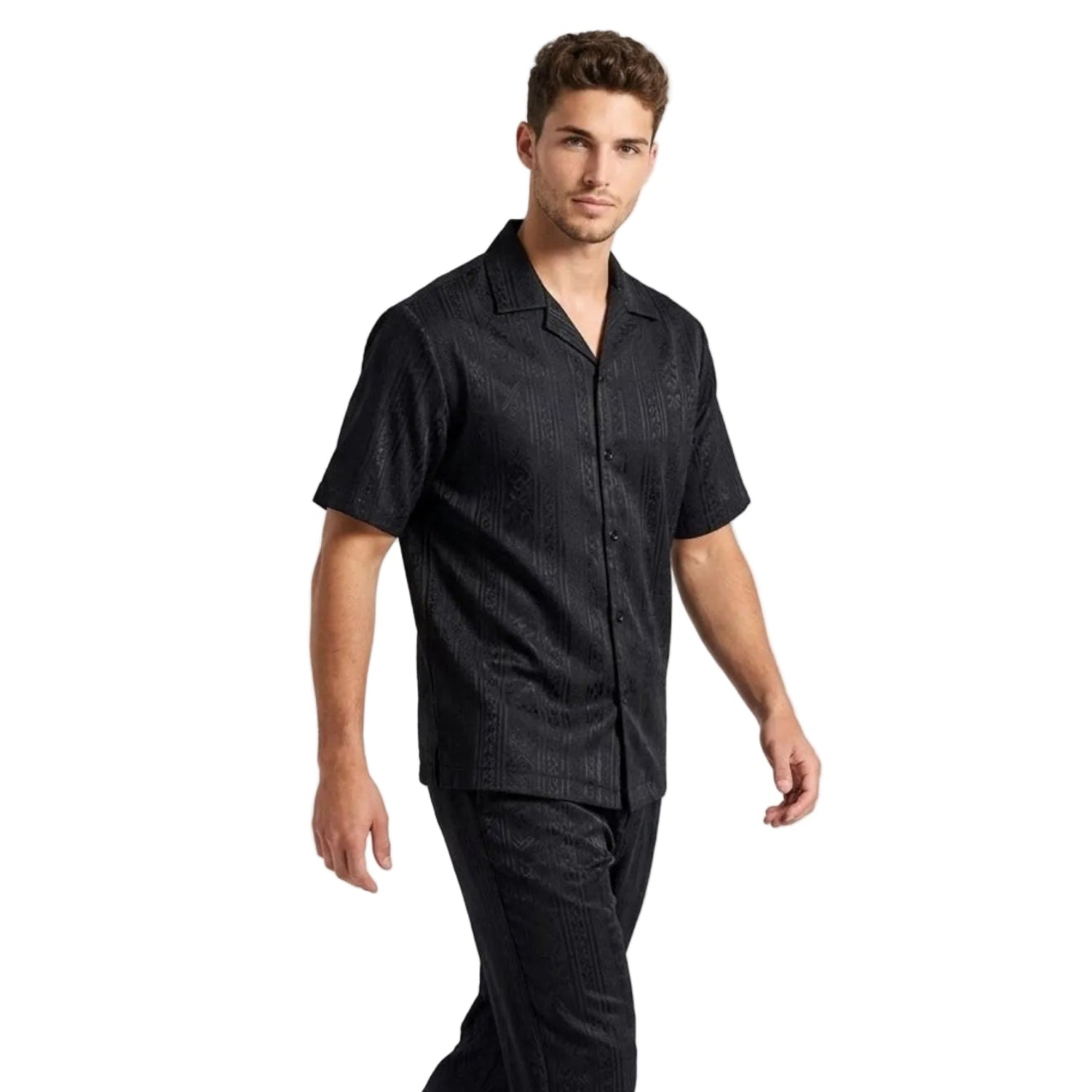black poly jacquard 2-piece walking suit set by Stacy Adams front view
