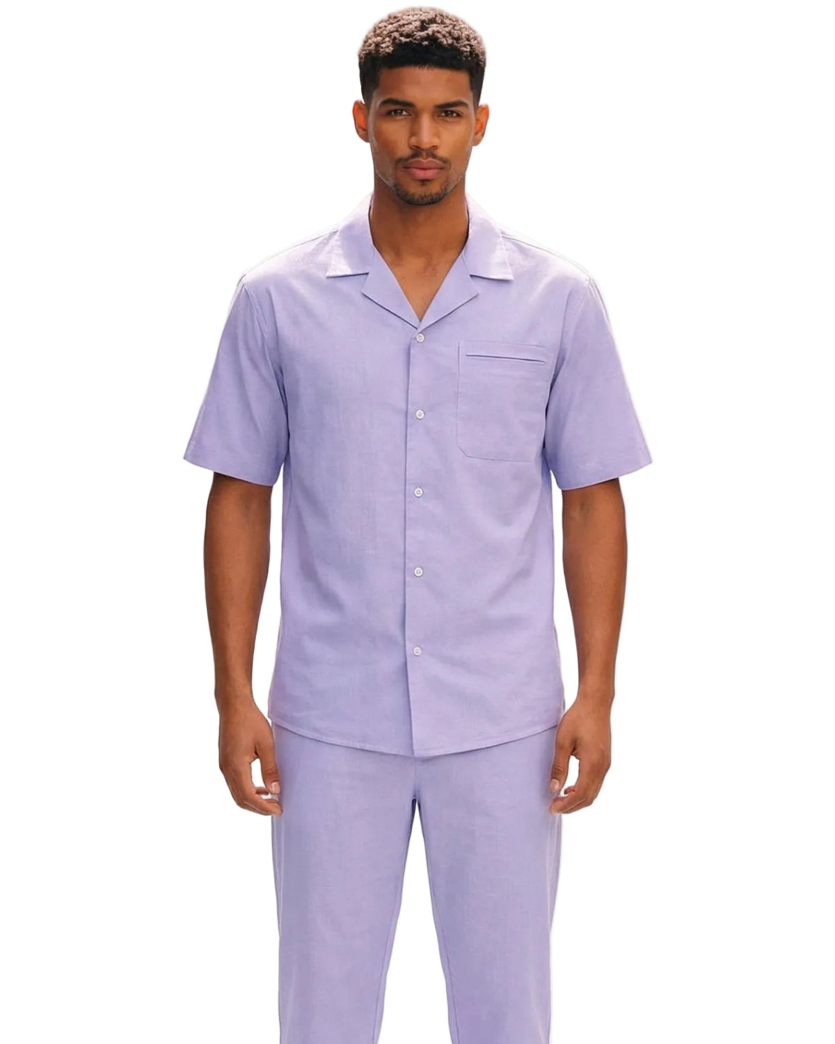 lavender pleated pintuck linen 2-piece walking suit set by Stacy Adams front view