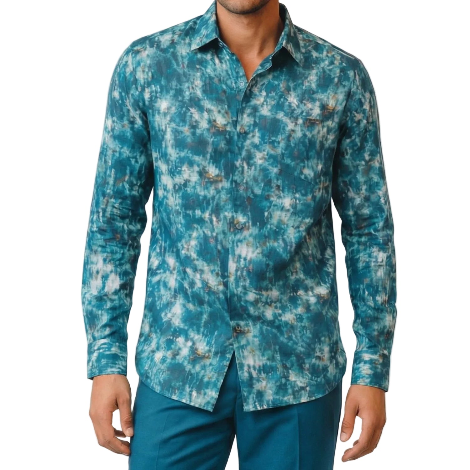 teal abstract linen print long sleeve shirt front view