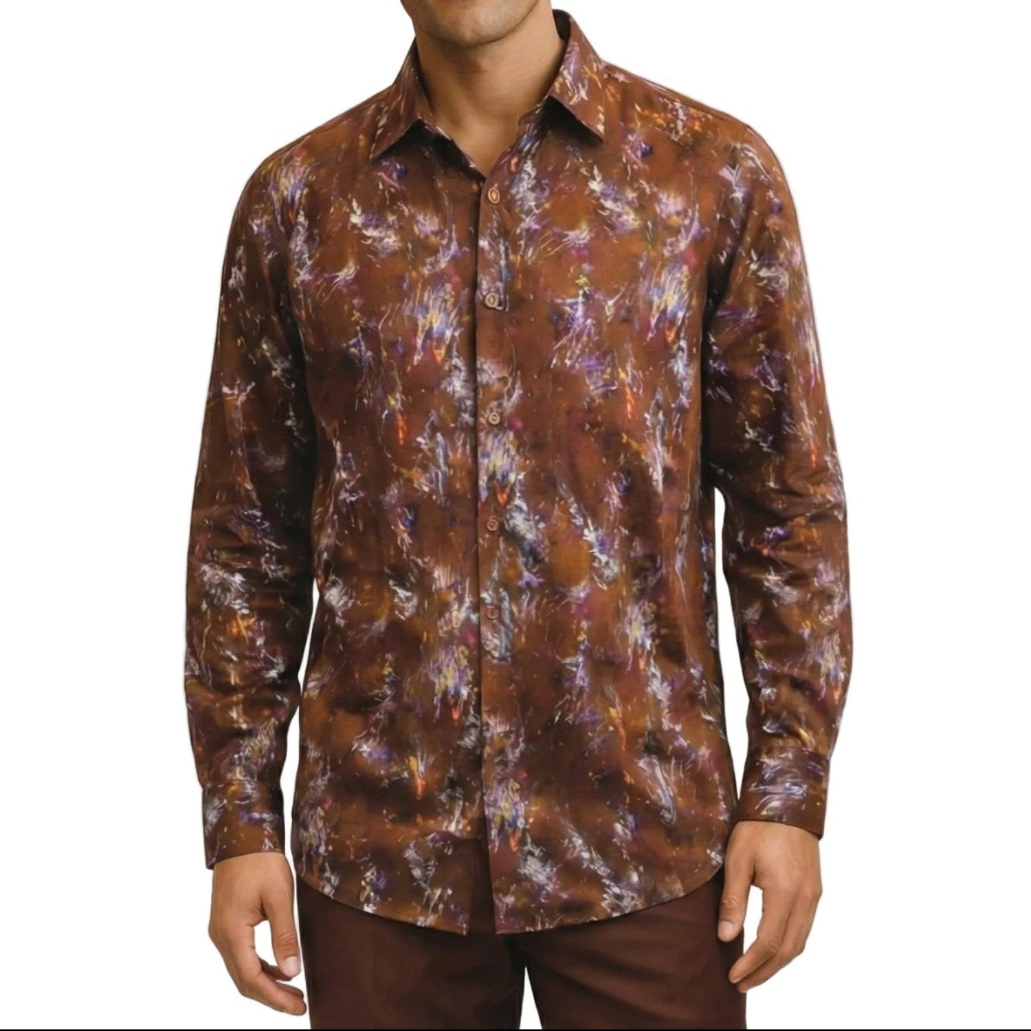 brown abstract linen print long sleeve shirt front view