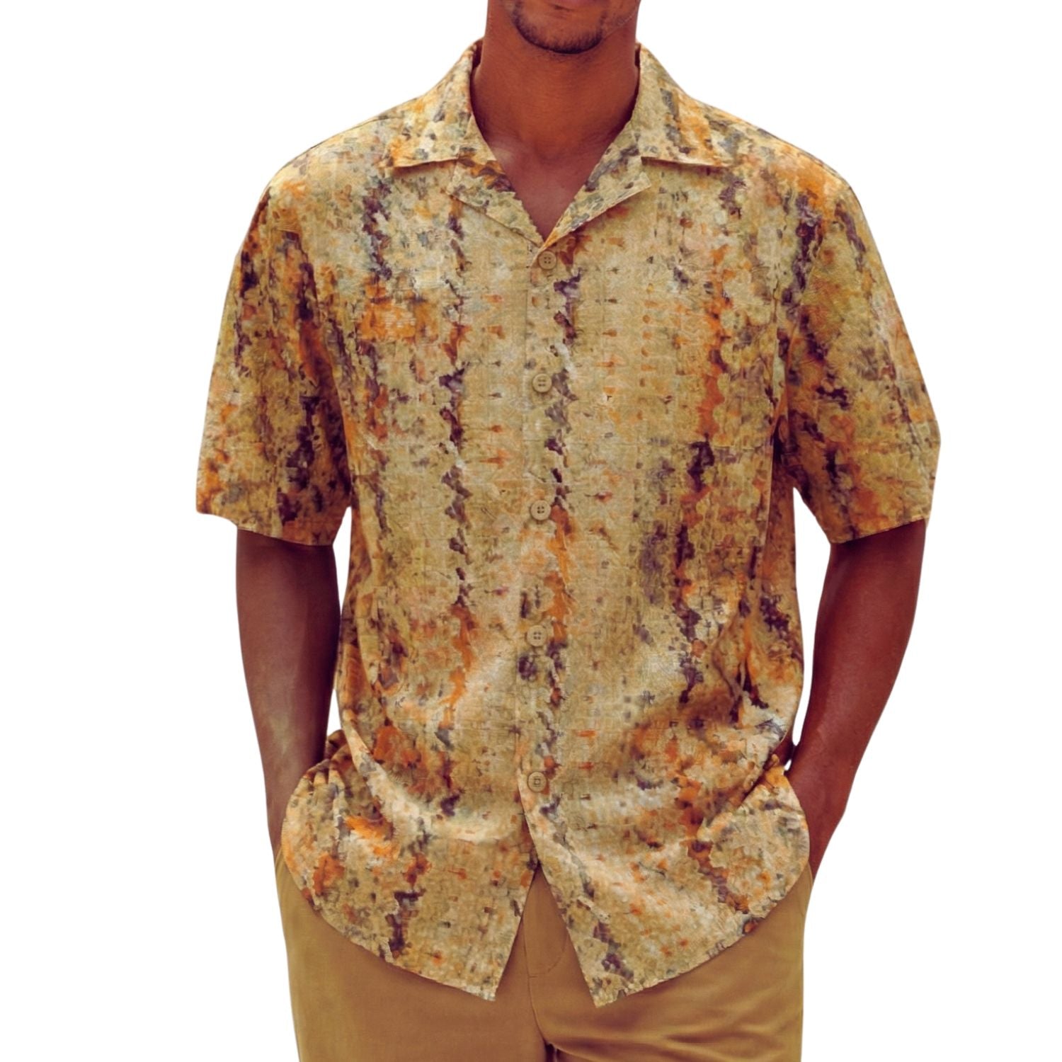Khaki men's short-sleeve shirt with a multi-colored abstract print and open camp collar.