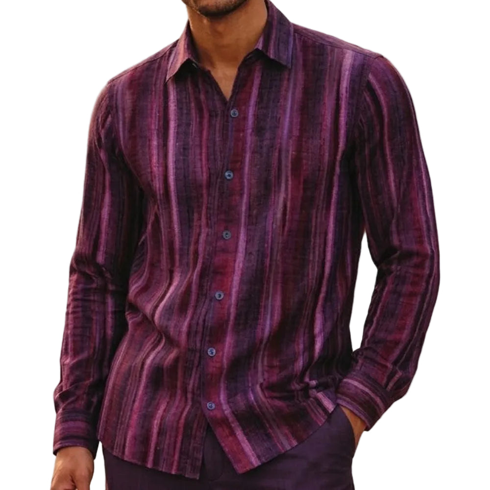 purple linen print long sleeve shirt front view