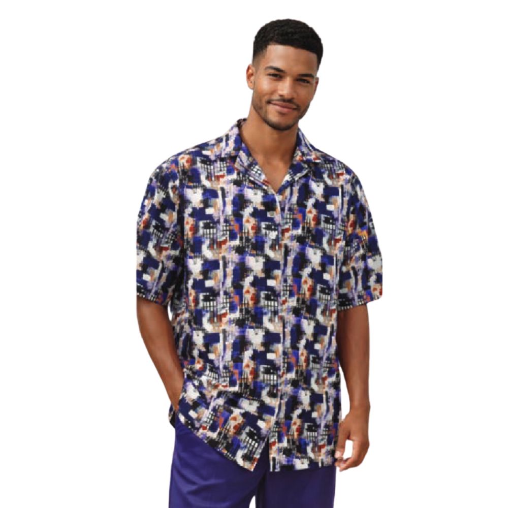 purple linen print short sleeve shirt front view