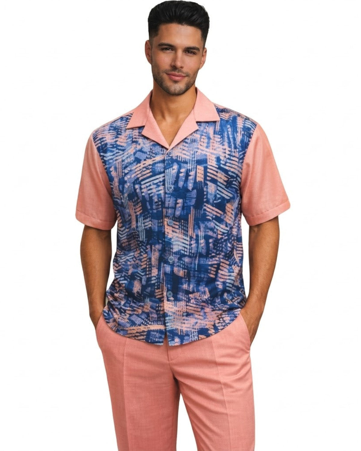 Pink abstract print 2-piece short sleeve walking suit set by Stacy Adams