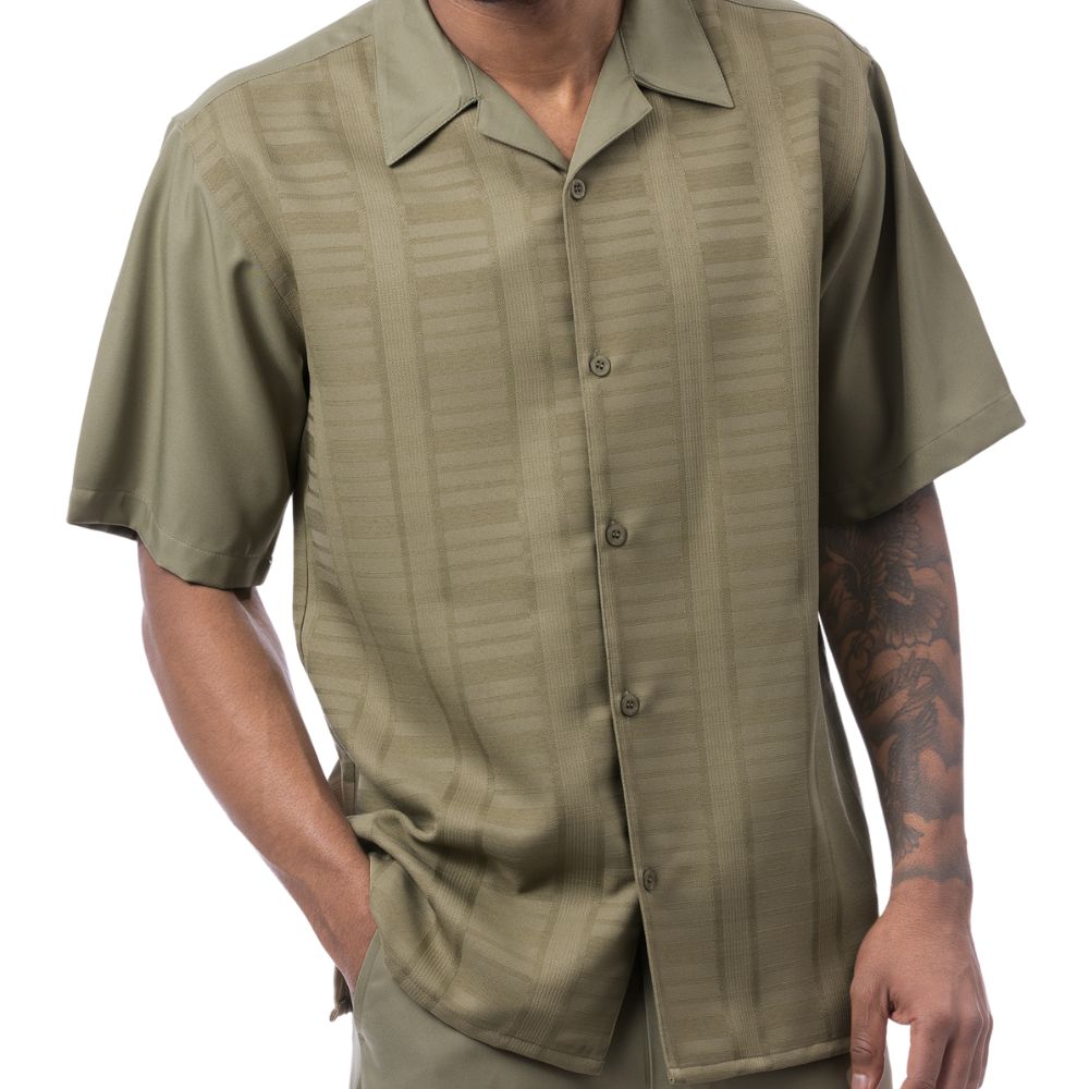 Detail view of the olive textured fabric on the Montique Altavian Collection walking suit.