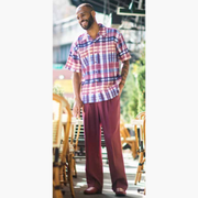 Montique Men's Burgundy Stripe Design 2 Piece Short Sleeve Walking Suit 1913