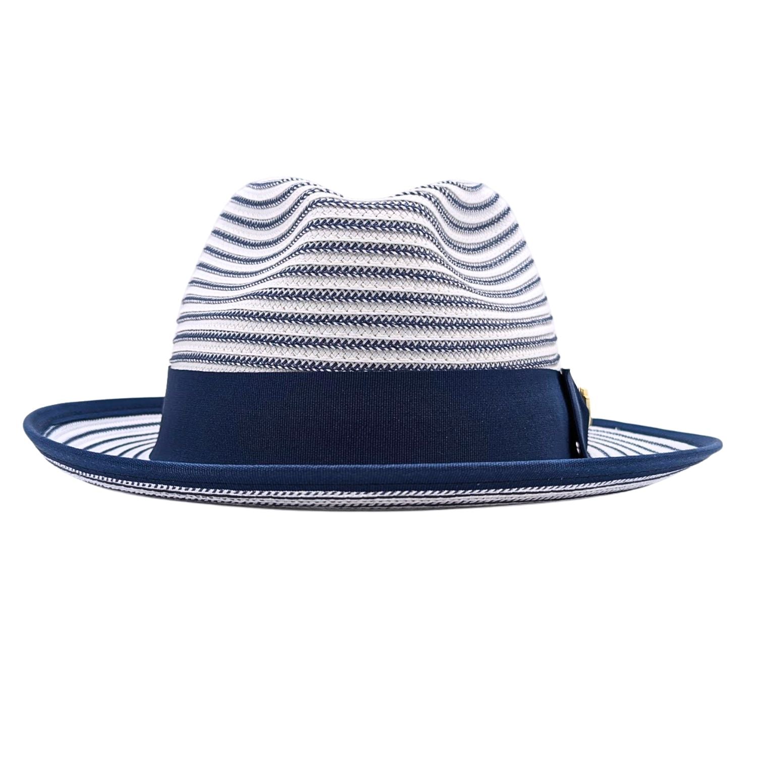 Navy and white Montique fedora front view with navy grosgrain bow, logo pin, striped crown, and short brim