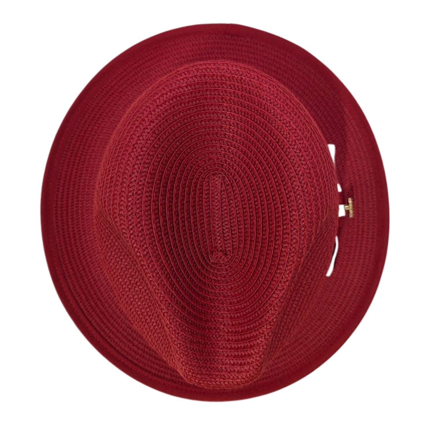 red straw fedora hat top view with woven crown texture