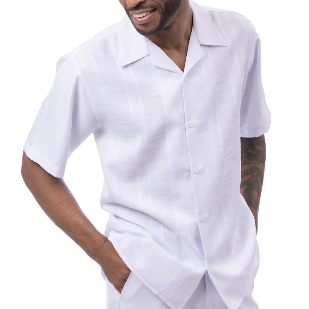 Detail view of the white textured fabric on the Montique Altavian Collection walking suit.