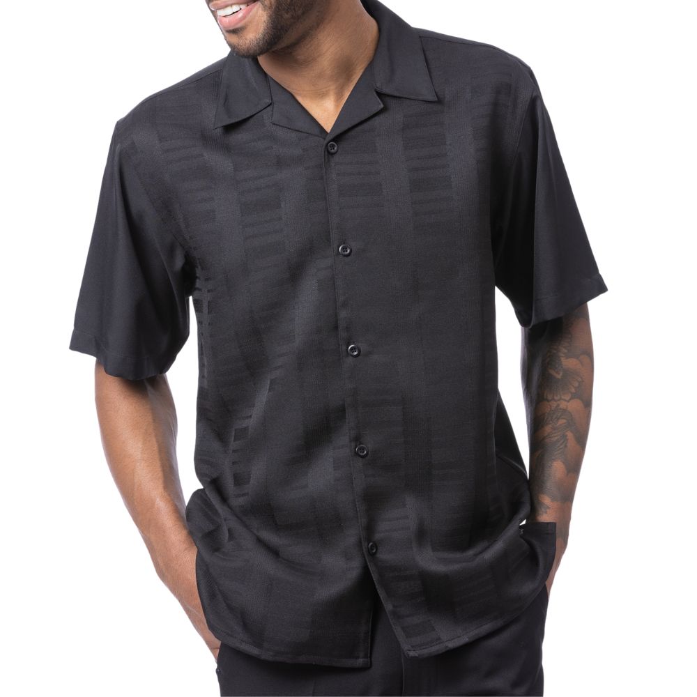 Detail view of the black textured fabric on the Montique Altavian Collection walking suit.
