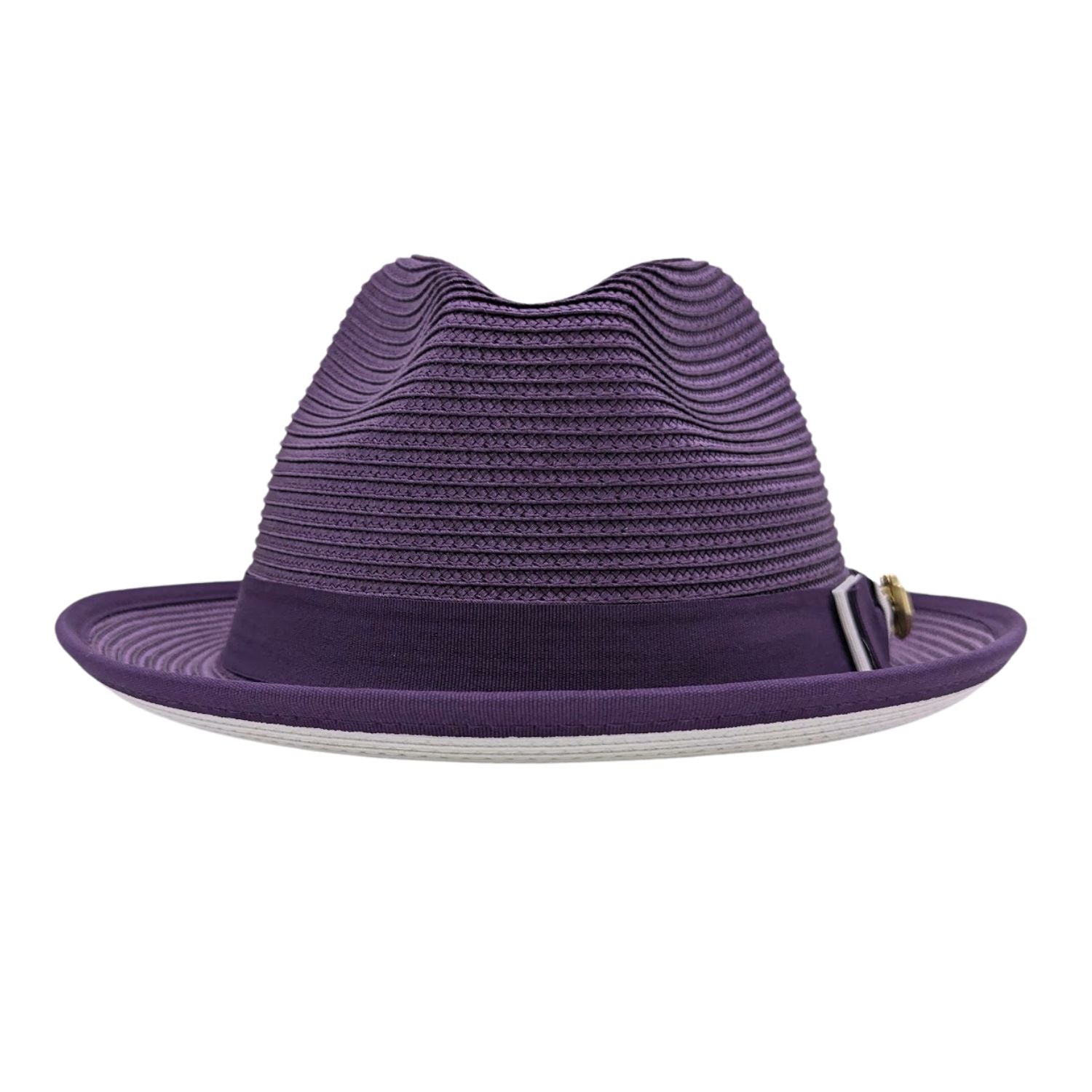 Montique purple straw fedora hat front view with matching purple ribbon band and white brim bottom
