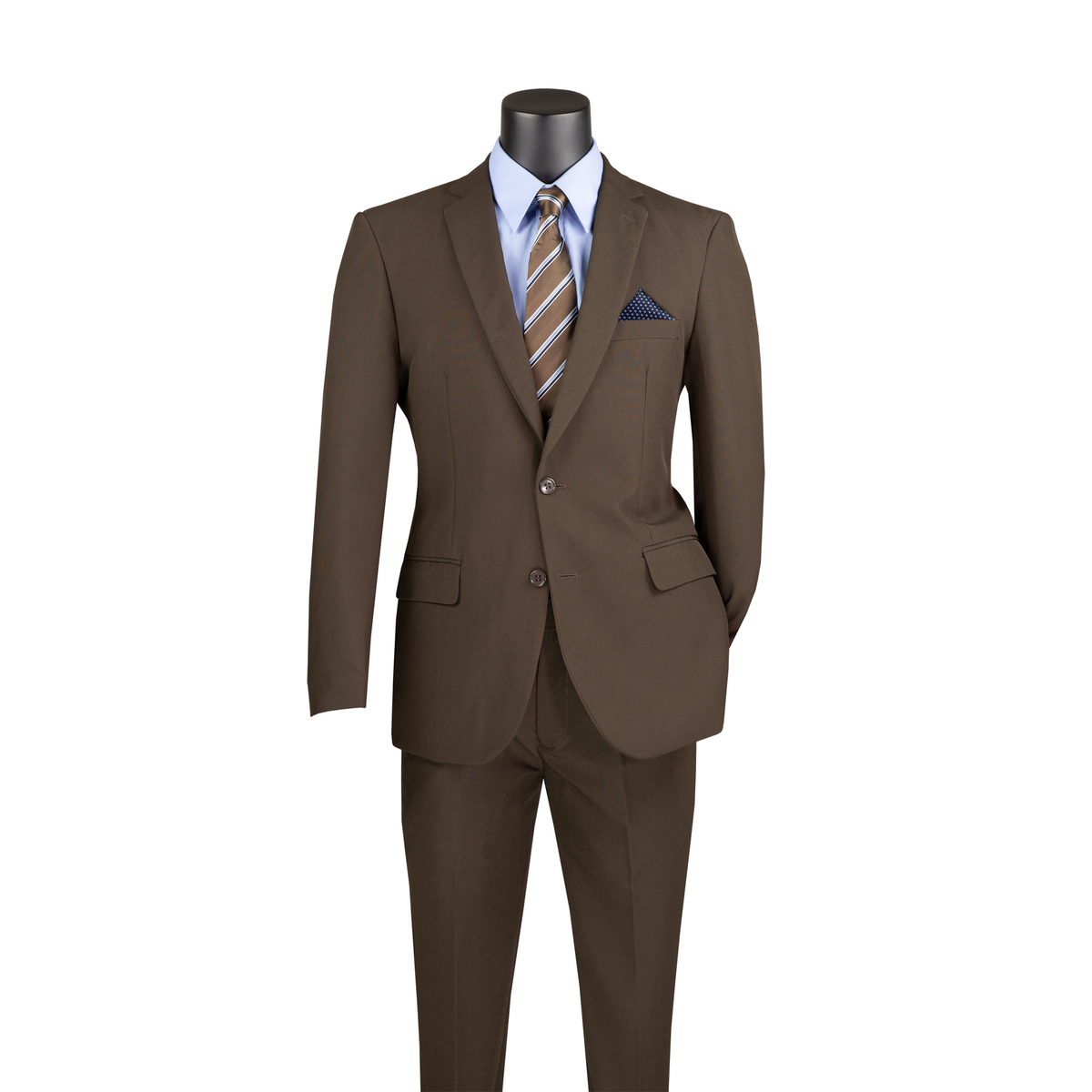Brown regular-fit suit with a two-button notch-lapel jacket and matching trousers, front view.