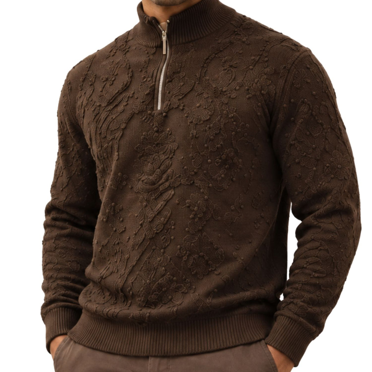 Stacy Adams 32010 brown quarter-zip mock neck chenille sweater - detail view