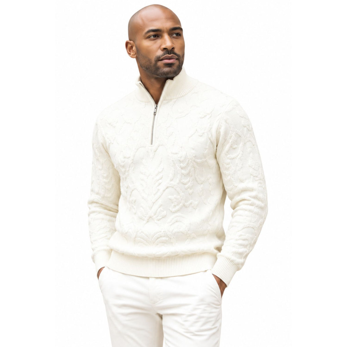 Stacy Adams 32010 cream quarter-zip mock neck chenille sweater