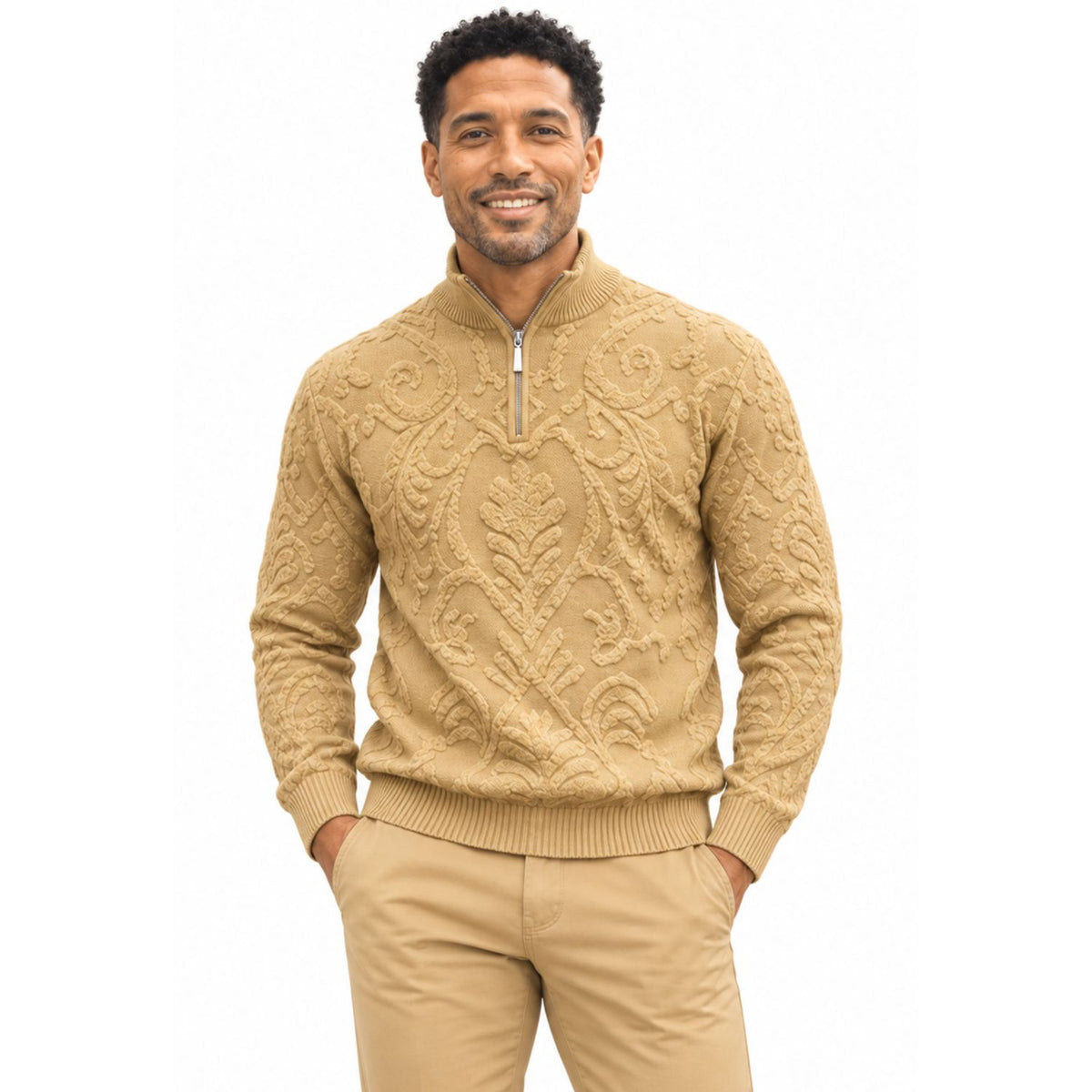 Stacy Adams 32010 tan quarter-zip mock neck chenille sweater