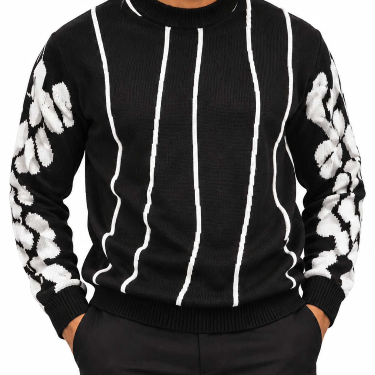 Stacy Adams 32026 black pu trim crewneck sweater - detail view