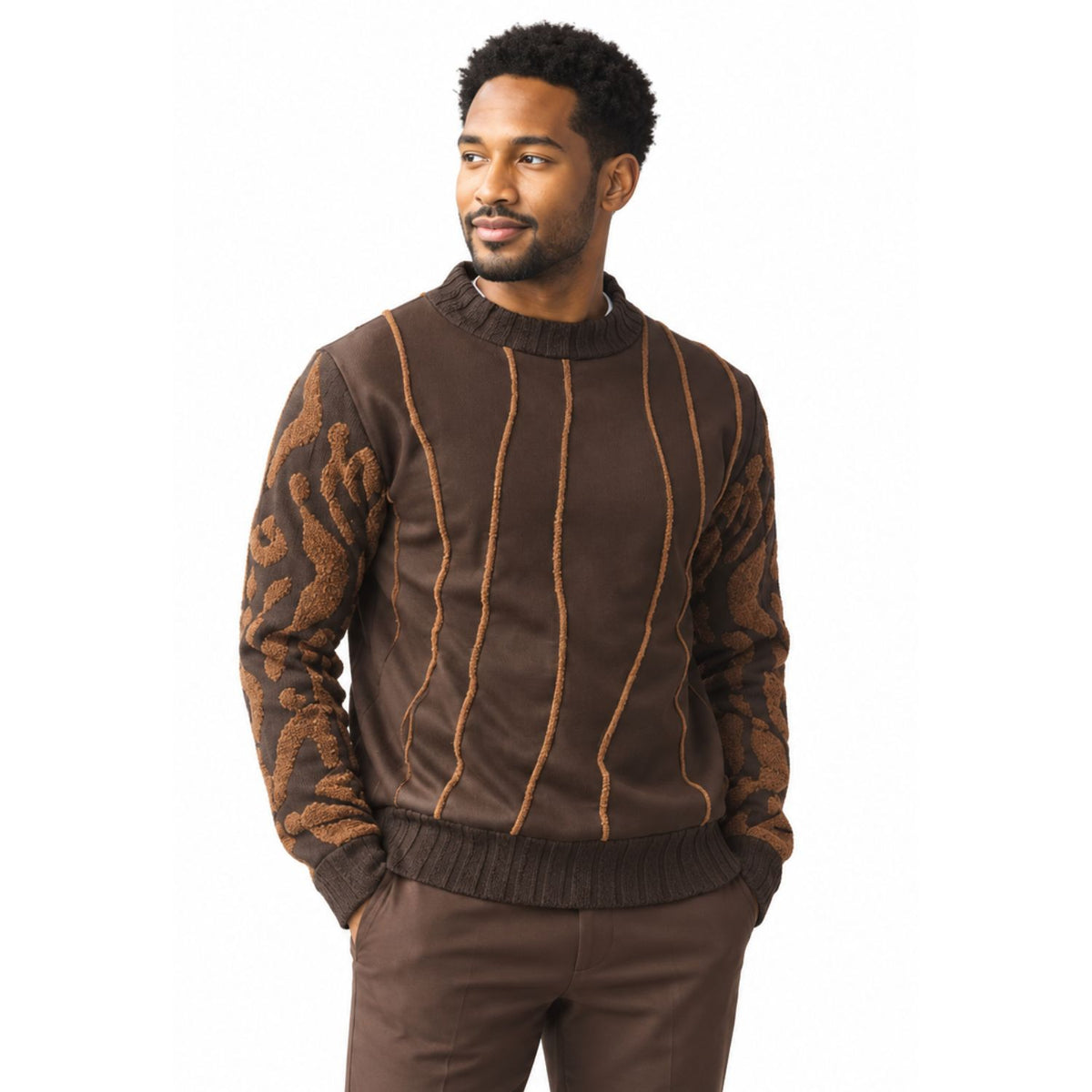 Stacy Adams 32026 brown pu trim crewneck sweater