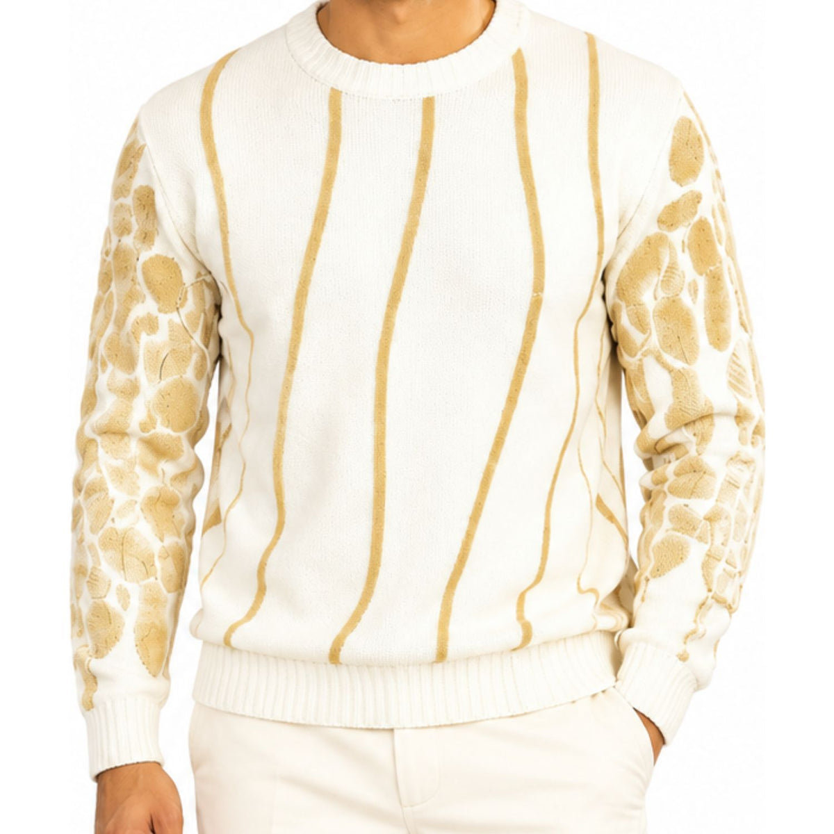 Stacy Adams 32026 cream pu trim crewneck sweater - detail view